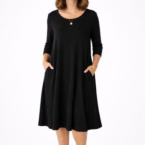 Eileen Fisher Black Midi A-Line Dress with Pockets